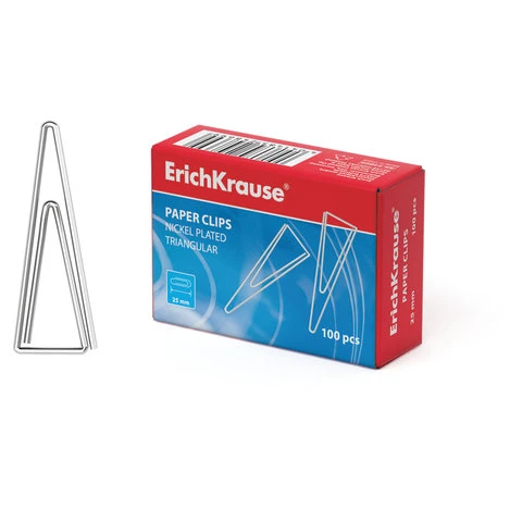Скрепки ERICH KRAUSE, 25 мм, металлические, треугольные, 100 штук, в картонной