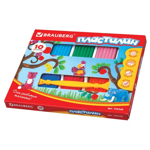 Пластилин классический BRAUBERG 10 цветов, 250 г, со стеком, ВЫСШЕЕ КАЧЕСТВО,