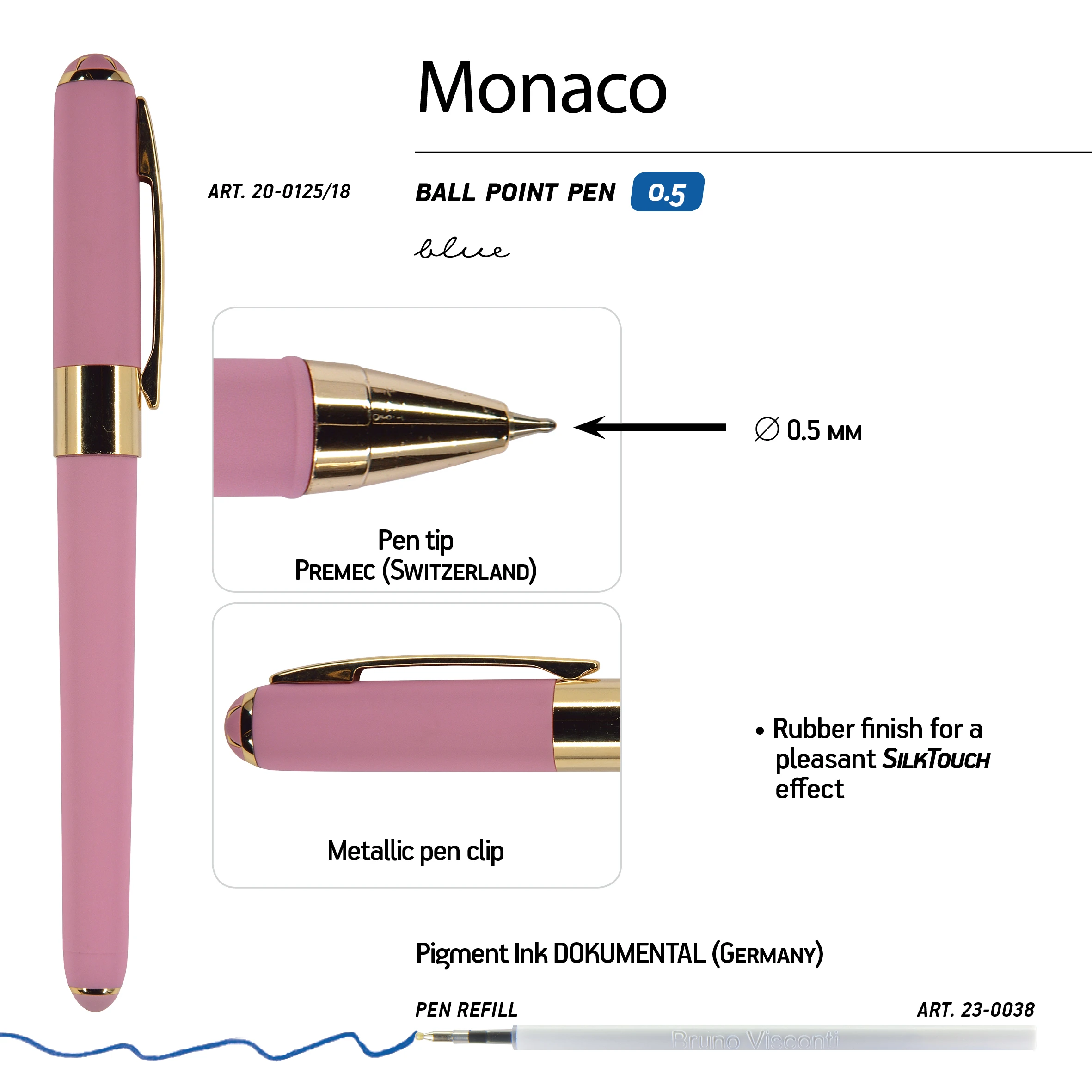 РУЧКА "MONACO" ШАРИКОВАЯ 0.5 ММ, СИНЯЯ (розовый корпус)