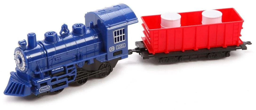 Игровой набор Товарный поезд, паровоз инерц., вагон, бочка 2шт., пакет Игровой набор Товарный поезд, паровоз инерц., вагон, бочка 2шт., пакет