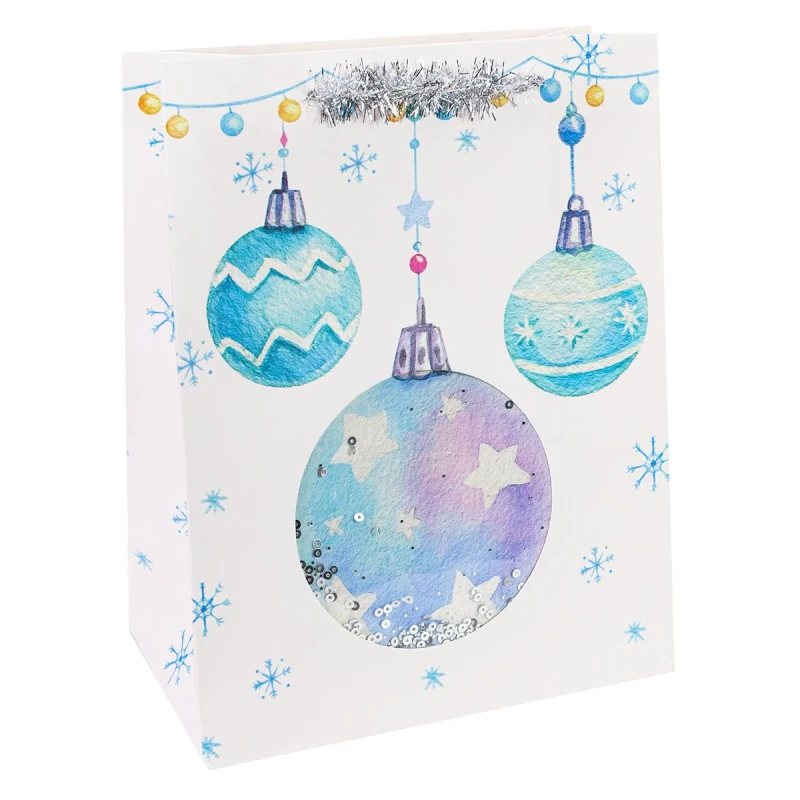 Пакет подарочный с мат.лам.глит.и мишурой НГ 26x32x10 (L) Новогодние шарики,