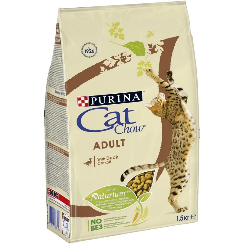 Корм сухой Cat Chow для взрослых кошек с уткой, Пакет, 1,5 кг.