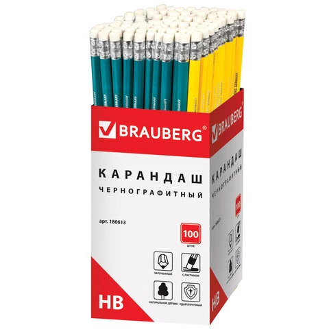 Карандаш чернографитный BRAUBERG, 1 шт., "Fluor", НВ, с резинкой,