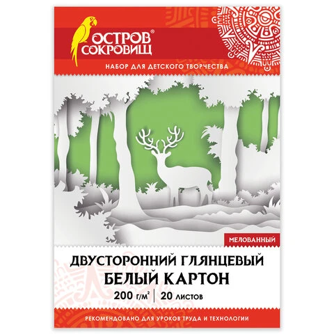 Картон белый А4 2-сторонний МЕЛОВАННЫЙ (глянцевый), 20 листов, в папке, ОСТРОВ