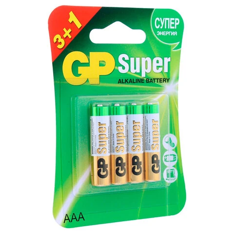 Батарейки GP Super, AAA (LR03, 24А) алкалиновые, мизинчиковые, КОМПЛЕКТ 4 шт.,