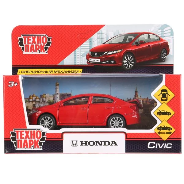 Машина металлическая HONDA CIVIC длина 12 см, двери, багаж, инерц, красный, кор.