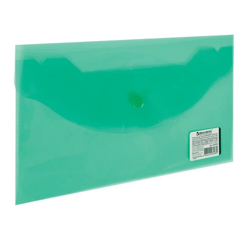 Папка-конверт с кнопкой МАЛОГО ФОРМАТА (250х135 мм), прозрачная, зеленая, 0,15