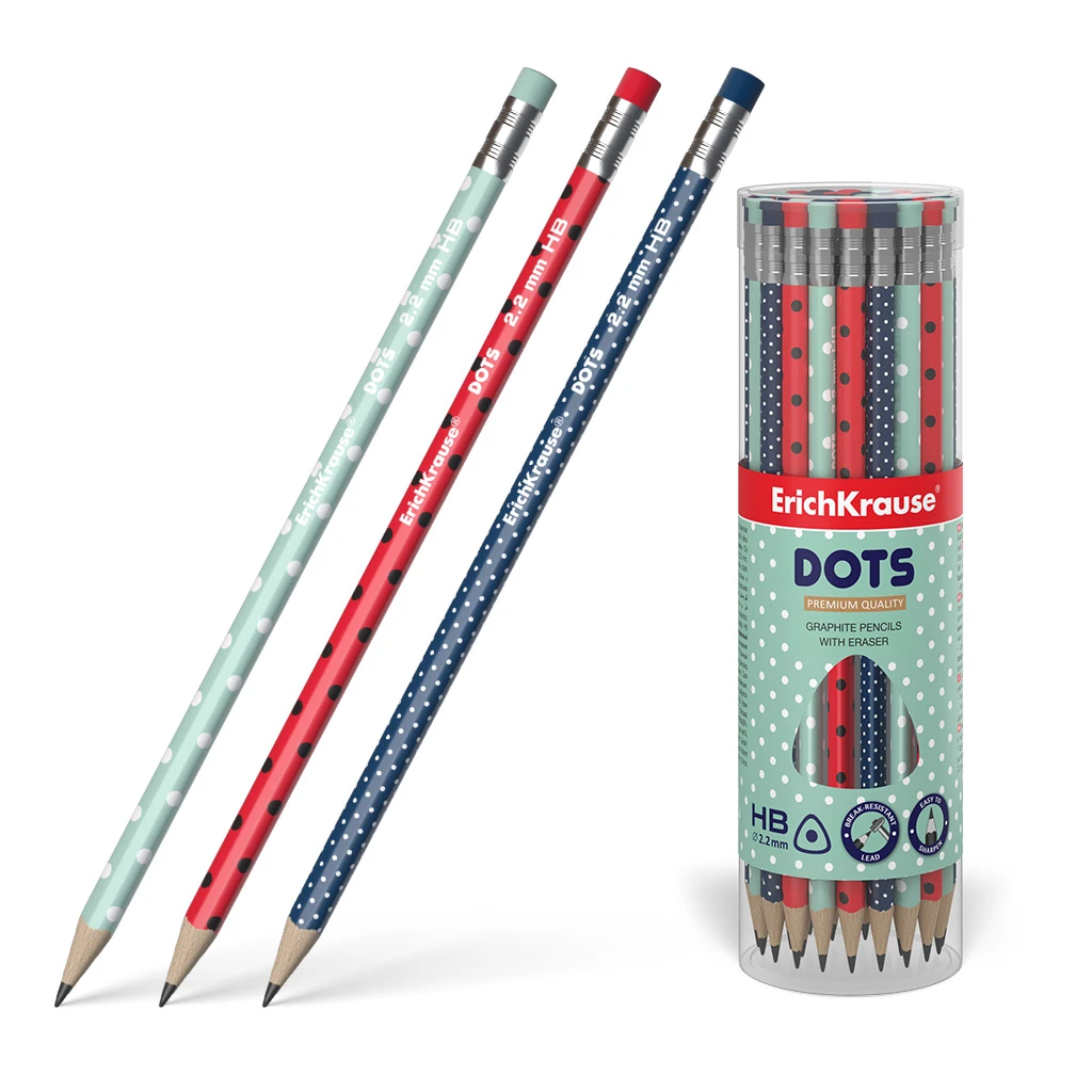Чернографитный трехгранный карандаш с ластиком ErichKrause® Dots HB (в тубусе по