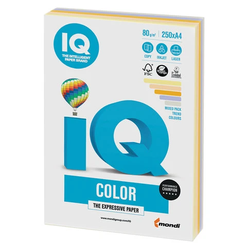 Бумага IQ color, А4, 80 г/м2, 250 л. (5 цв. х 50 л.), цветная, умеренно-интенсив