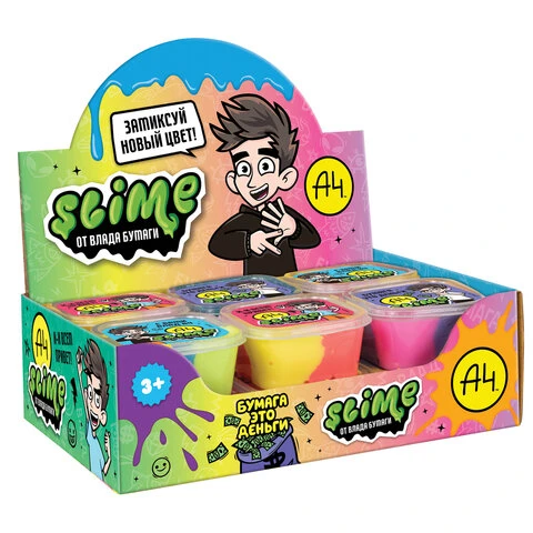 Слайм (лизун) "Slime ВЛАД А4" АССОРТИ, 60 г, шоубокс, 12 штук, 3 вида,