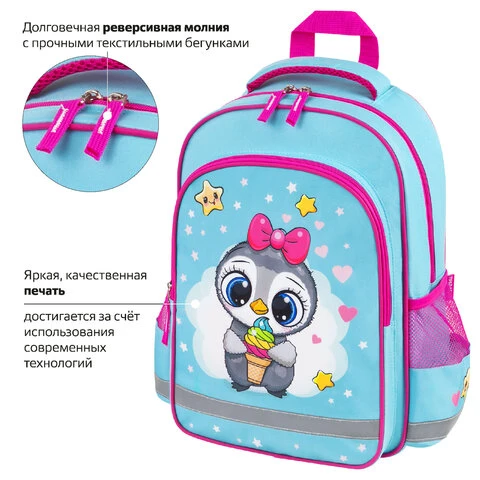Рюкзак ПИФАГОР SCHOOL, 1 отделение, 3 кармана, "Smart penguin",