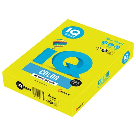 Бумага IQ color, А4, 80 г/м2, 500 л., неон, желтая, NEOGB