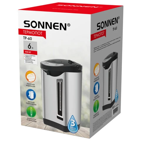 Термопот SONNEN TP-60, 6 л, 900 Вт, 1 температурный режим, 3 режима подачи воды,