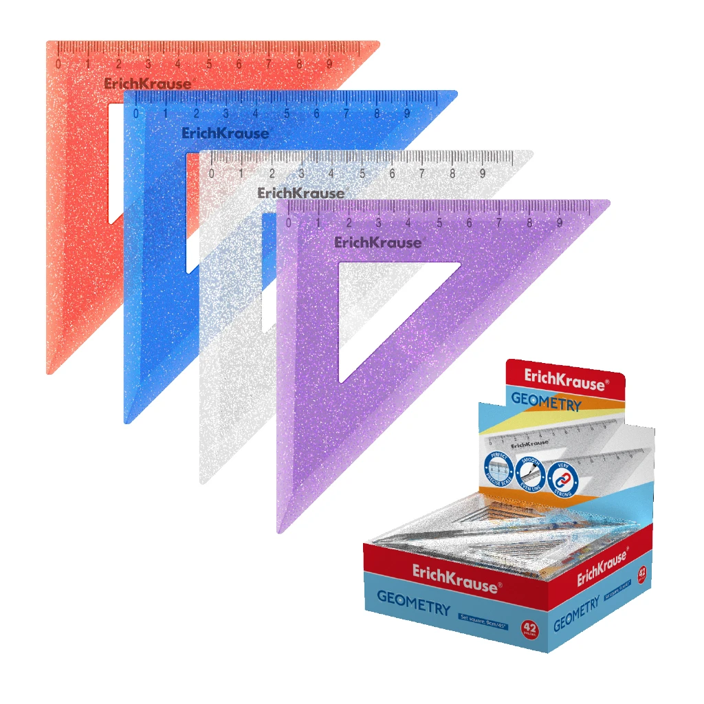 Угольник пластиковый ErichKrause® Glitter, 9см/45°, ассорти из 4 цветов, в