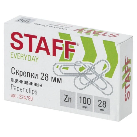 Скрепки STAFF, 28 мм, оцинкованные, 100 шт., в картонной коробке, Россия, 224799