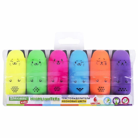 Набор текстовыделителей мини 6 ЦВЕТОВ BRAUBERG KIDS "CUTE CATS NEON",