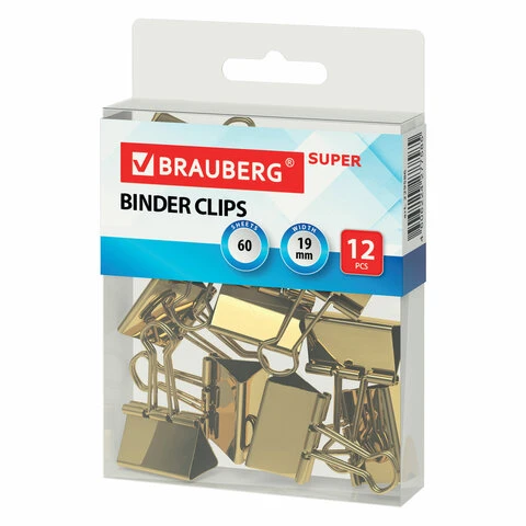 Зажимы для бумаг BRAUBERG EXTRA, КОМПЛЕКТ 12 шт., 19 мм, на 60 л., золотистые,