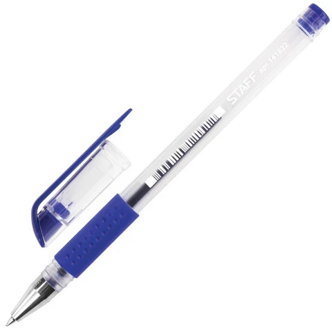 Ручка гелевая с грипом STAFF, СИНЯЯ, корпус прозрачный, узел 0,5 мм, линия