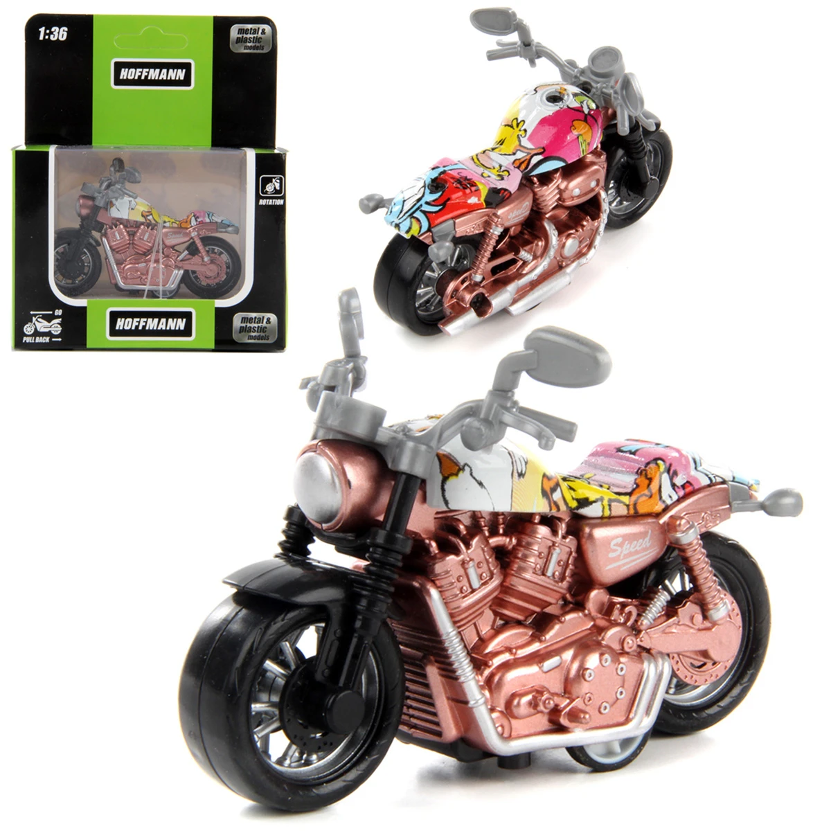 Мотоцикл металлический 1:36 розовый, руль вращается, инерционный