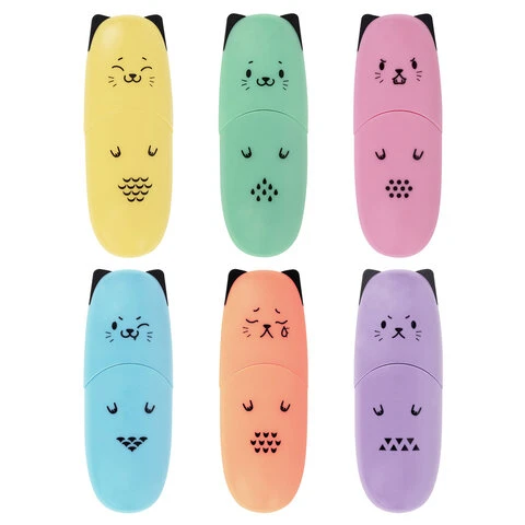 Текстовыделитель мини BRAUBERG KIDS "CUTE CATS PASTEL", АССОРТИ В