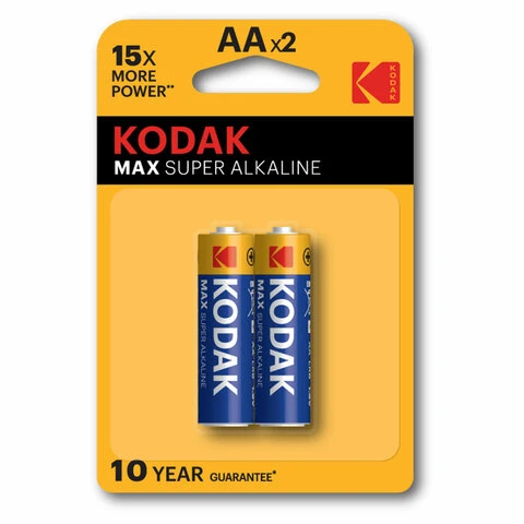 Батарейки алкалиновые "пальчиковые" КОМПЛЕКТ 2 штуки, KODAK Max Super