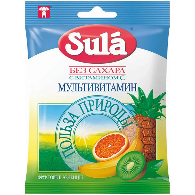 Леденцы фруктовые Sula "Мультивитамин", с витамином С, 60г, пакет,