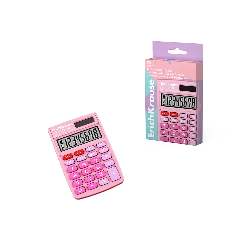 Калькулятор карманный 8-разрядов Erich Krause PC-101 Pastel, розовый (в коробке