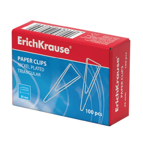 Скрепки ERICH KRAUSE, 25 мм, металлические, треугольные, 100 штук, в картонной