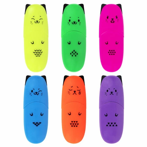 Набор текстовыделителей мини 6 ЦВЕТОВ BRAUBERG KIDS "CUTE CATS NEON",