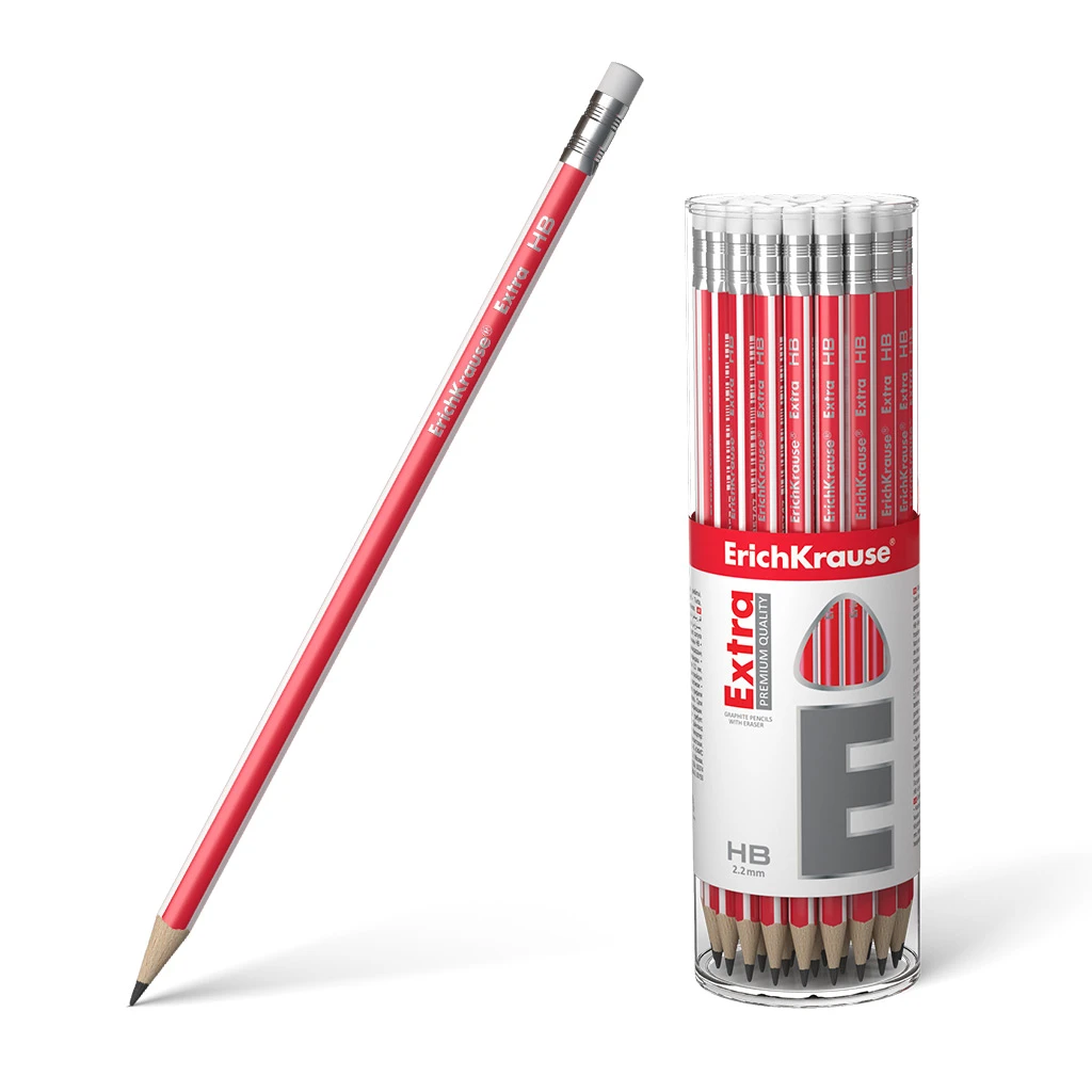 Чернографитный трехгранный карандаш с ластиком Erich Krause Extra HB (в тубусе