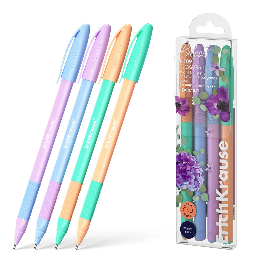 Набор из 4 ручек шариковых Erich Krause U-109 Stick&Grip Pastel Bloom 1.0, Ultra