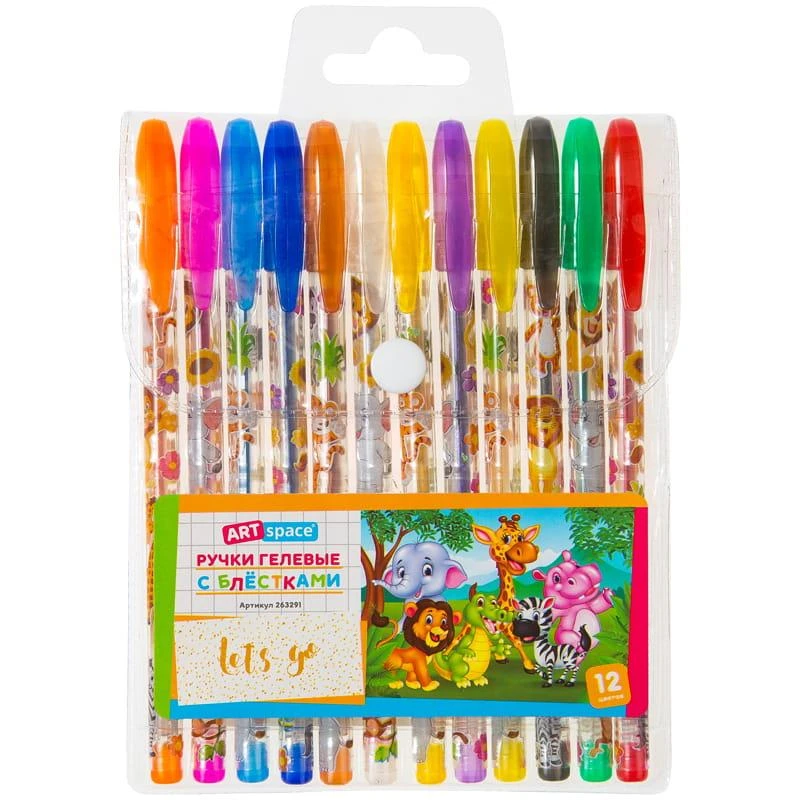 Набор гелевых ручек ArtSpace "Зверята", 12цв., 1,0мм, с блестками, ПВХ Набор гелевых ручек ArtSpace "Зверята", 12цв., 1,0мм, с блестками, ПВХ