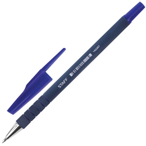 Ручка шариковая STAFF, СИНЯЯ, корпус прорезиненный синий, узел 0,7 мм, линия