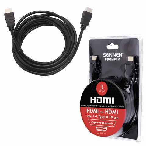 Кабель HDMI AM-AM, 3 м, SONNEN Premium, медь, экранированный, для передачи