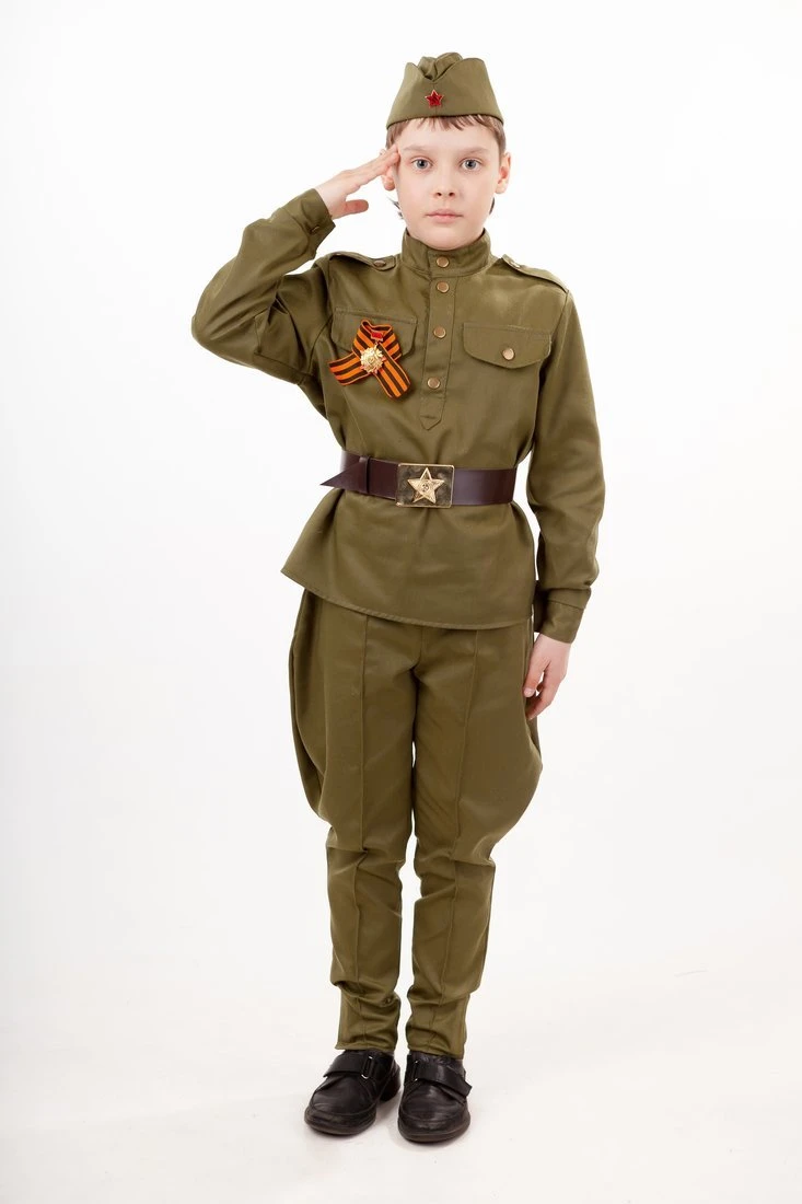 Костюм Солдат: гимнастерка, брюки, пилотка, ремень, георгиевская лента, размер