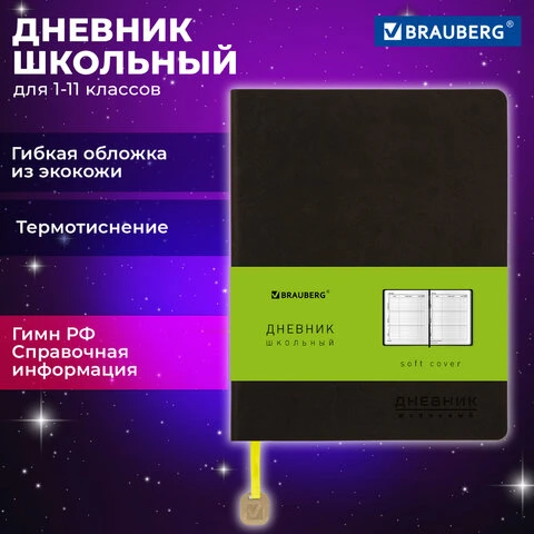 Дневник 1-11 класс 48 л., обложка кожзам (гибкая), термотиснение, BRAUBERG