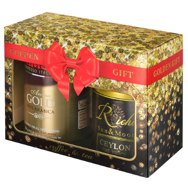Подарочный набор Голден Гифт: молотый кофе Kimbo Gold 250г+чай RN Цейлон 100г.
