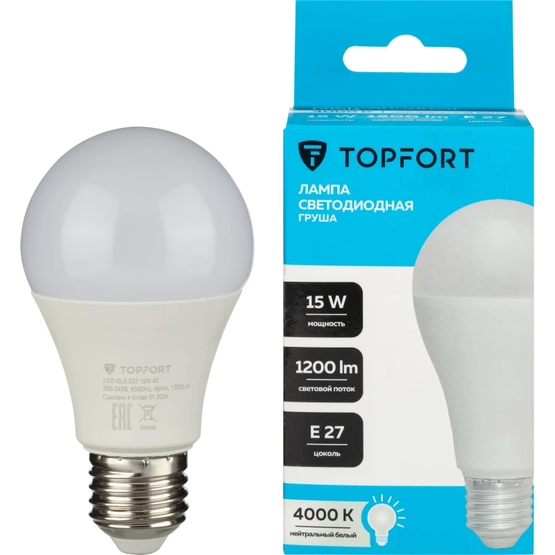 Лампа светодиодная Topfort E27 15W 4000K груша