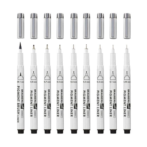 Капиллярные ручки линеры 9 шт., черные, 0,05-0,8 мм / Кисть S, BRAUBERG ART