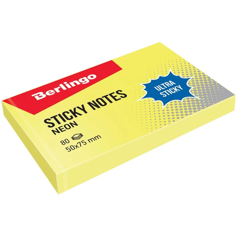 Самоклеящийся блок Berlingo "Ultra Sticky", 50*75мм, 80л, желтый неон.