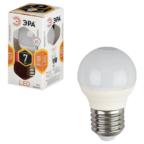 Лампа светодиодная ЭРА, 7 (60) Вт, цоколь E27, шар, теплый белый свет, 30000 ч.,