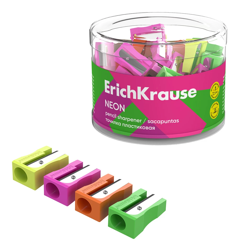 Точилка пластиковая Erich Krause EasySharp, Neon, ассорти (в тубусе по 60 штук)