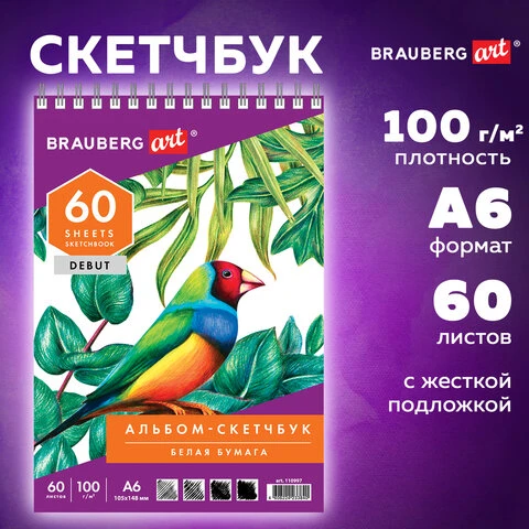 Скетчбук, белая бумага 100 г/м2, 105х148 мм, 60 л., гребень, жёсткая подложка,