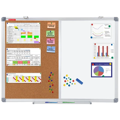 Доска комбинированная: магнитно-маркерная, пробковая для объявлений 45х60см,