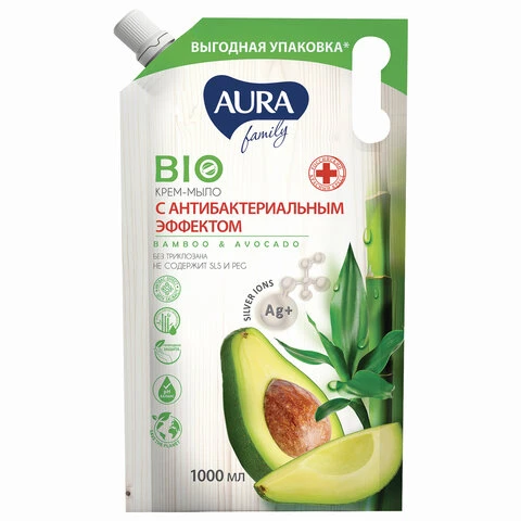 Мыло-крем с антибактериальным эффектом 1 л AURA "Бамбук и авокадо",