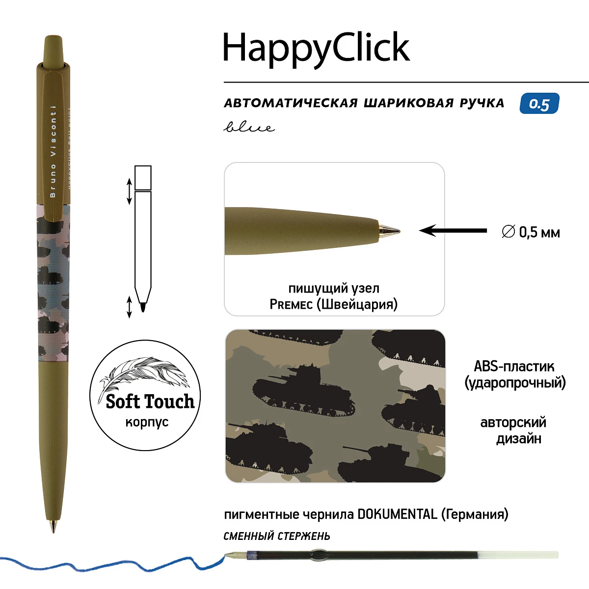 НАБОР ИЗ 2-Х РУЧЕК "HappyClick. Военный паттерн.Танки" ШАРИКОВАЯ, 0.5