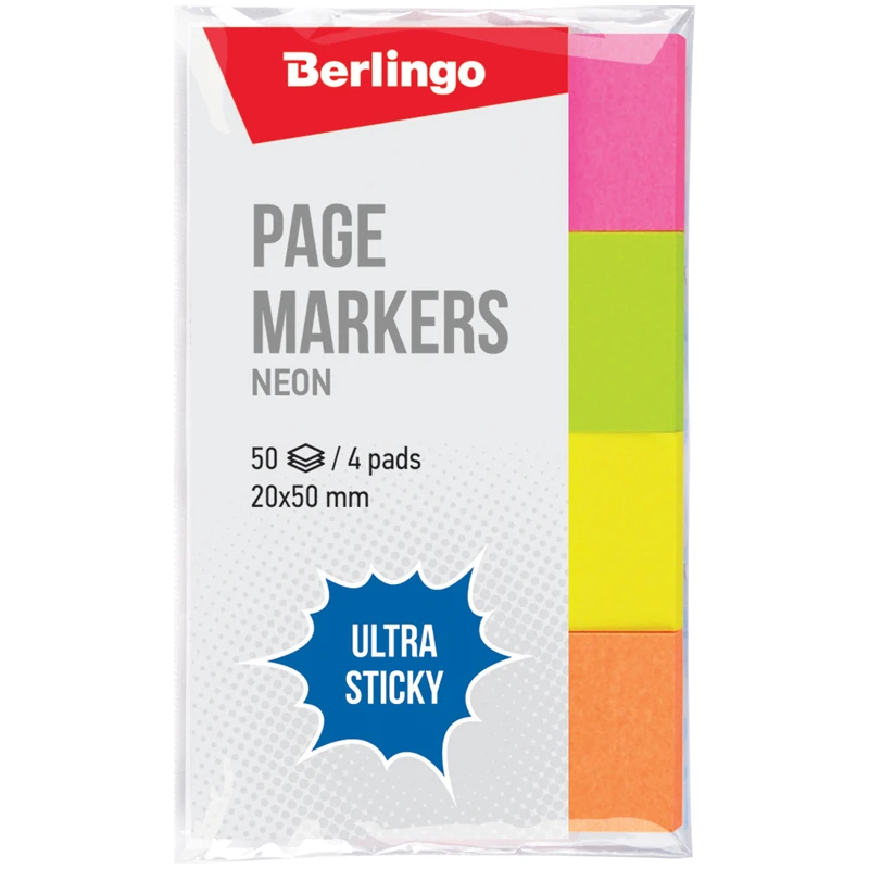 Флажки-закладки Berlingo "Ultra Sticky", 20*50мм, 50л*4 неоновых цвета Флажки-закладки Berlingo "Ultra Sticky", 20*50мм, 50л*4 неоновых цвета