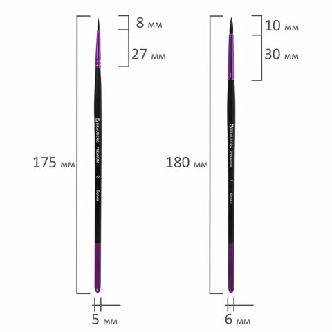 Кисти BRAUBERG PREMIUM, набор 3 шт. (беличьи круглые № 2, 3, 4), блистер, 201020