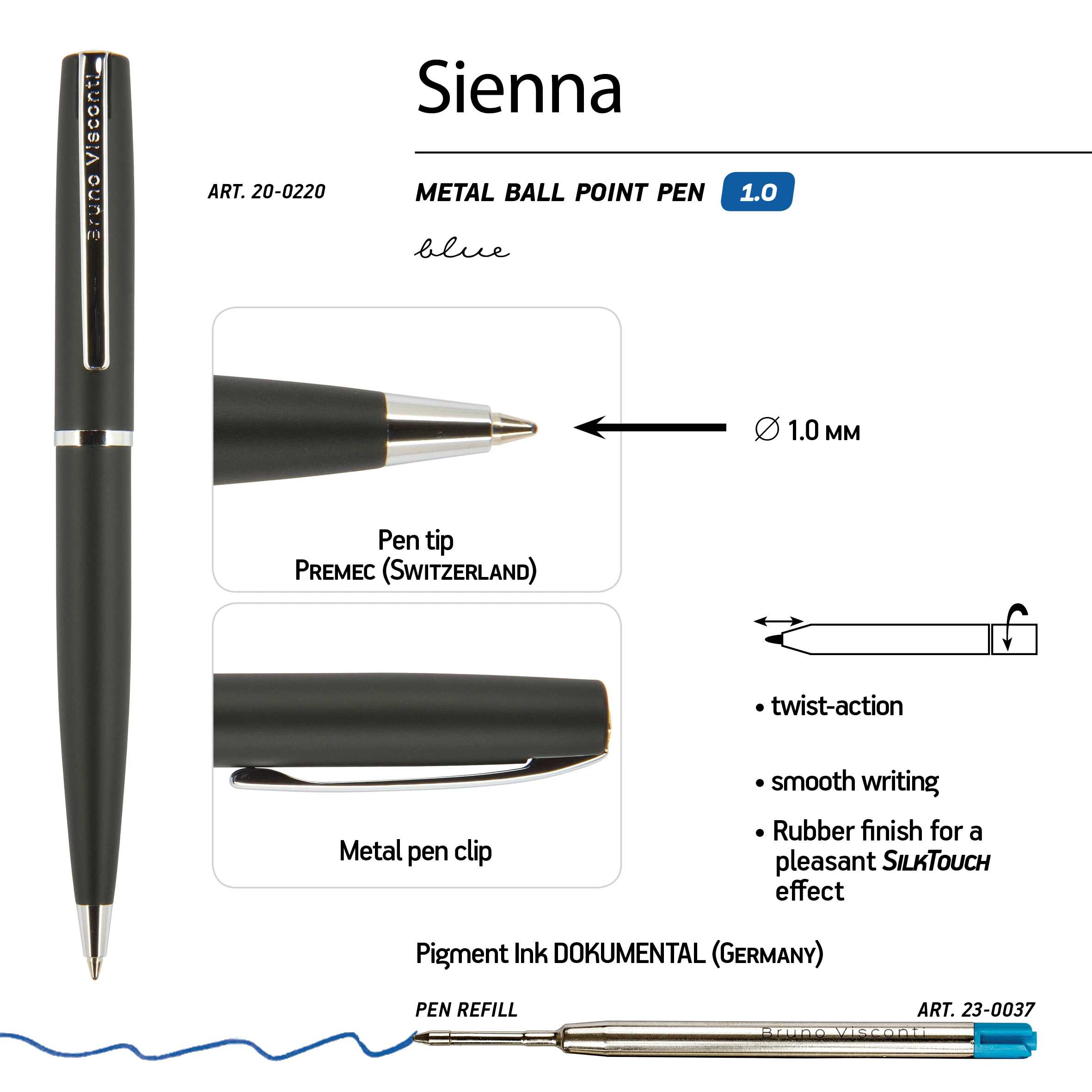 РУЧКА "SIENNA" ШАРИКОВАЯ АВТОМАТИЧЕСКАЯ, ЧЕРНЫЙ МЕТАЛЛИЧЕСКИЙ КОРПУС