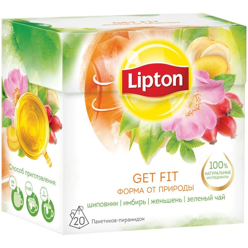 Чай Lipton "Get Fit", зеленый с травами, 20 пакетиков-пирамидок по